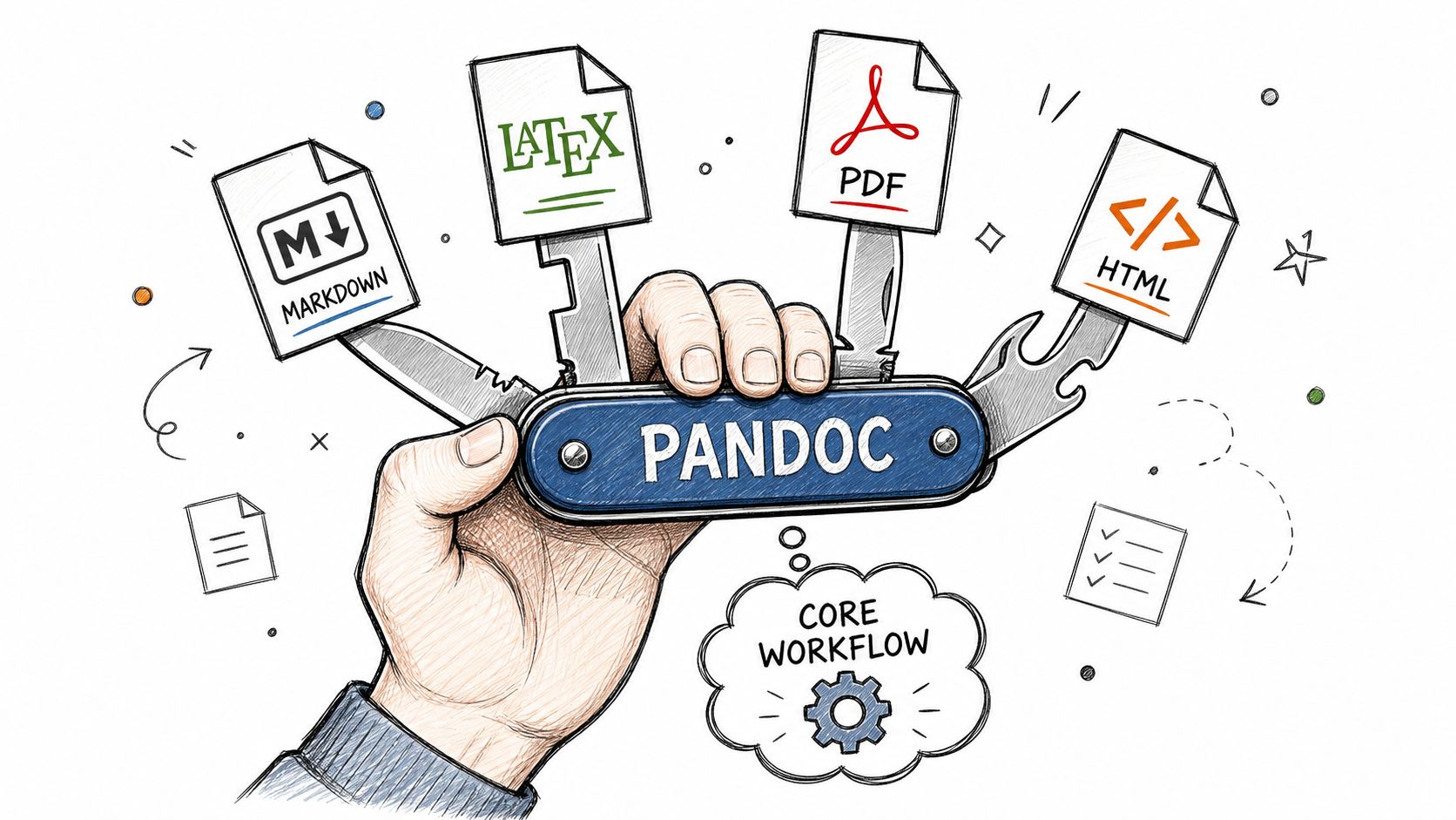 A hand holding a Swiss Army knife labeled Pandoc with different file format icons unfolding as tools.