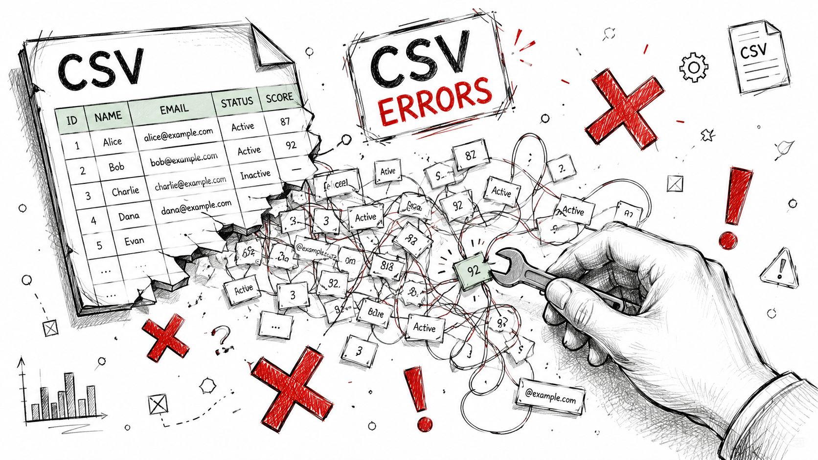 A hand using a wrench to fix messy and scattered data fragments coming from a CSV file.