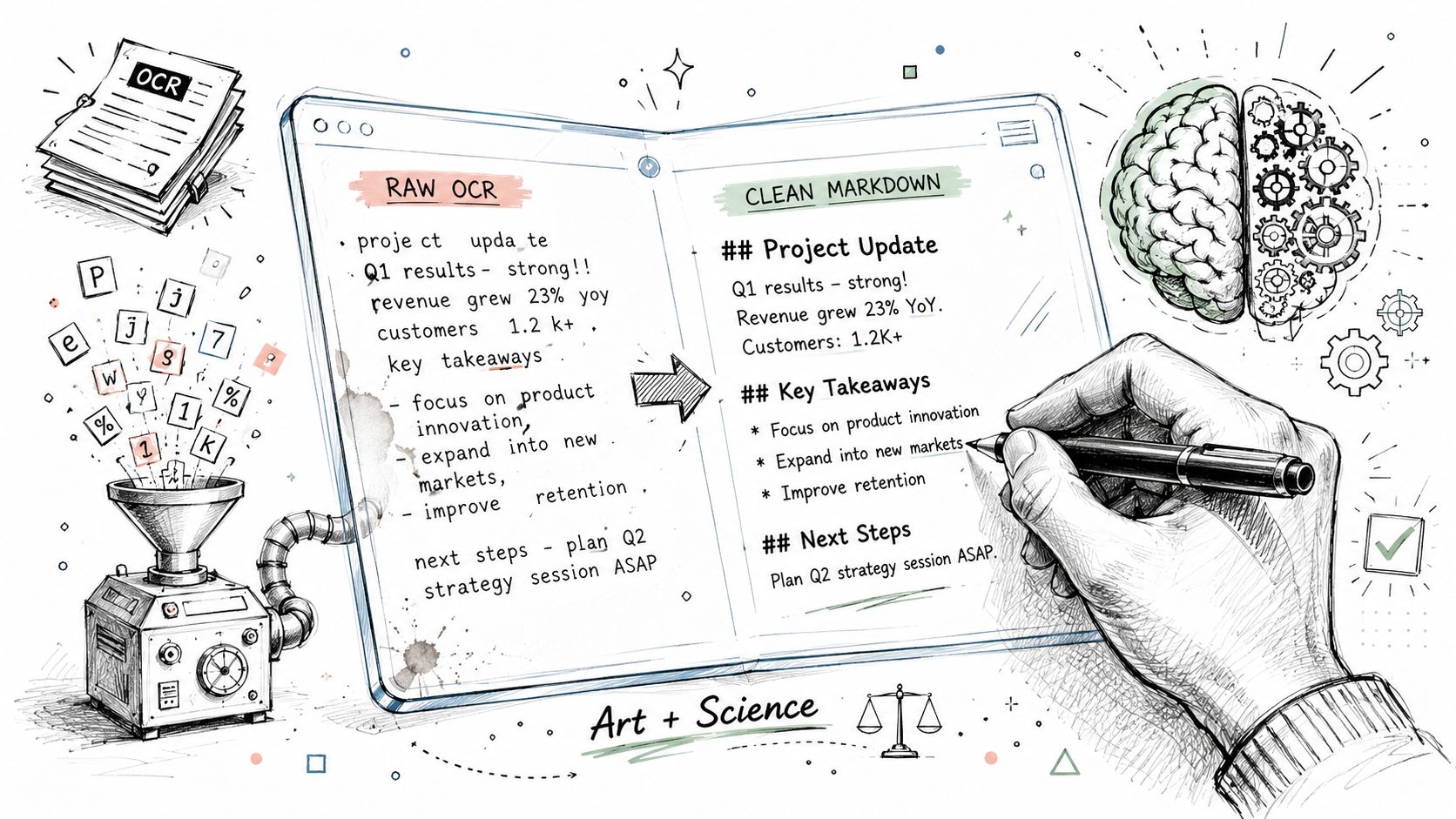 A conceptual illustration showing a machine converting raw, messy OCR text into clean, structured Markdown notes.