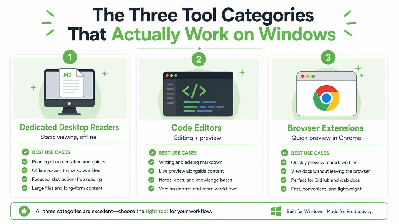 An infographic showing three tool categories for reading and editing markdown files on Windows operating systems.