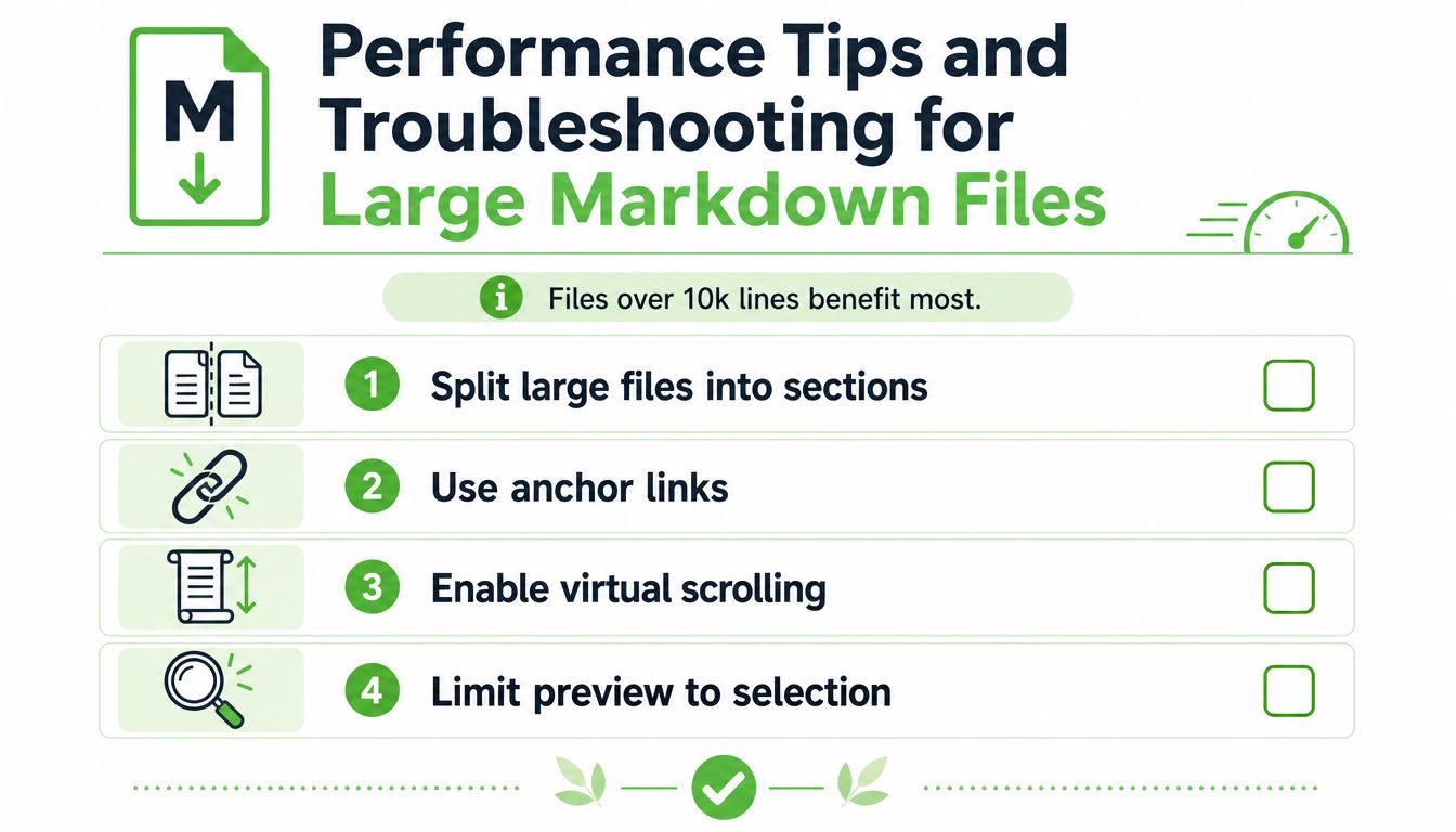 An infographic titled Performance Tips and Troubleshooting for Large Markdown Files, outlining four key optimization steps.