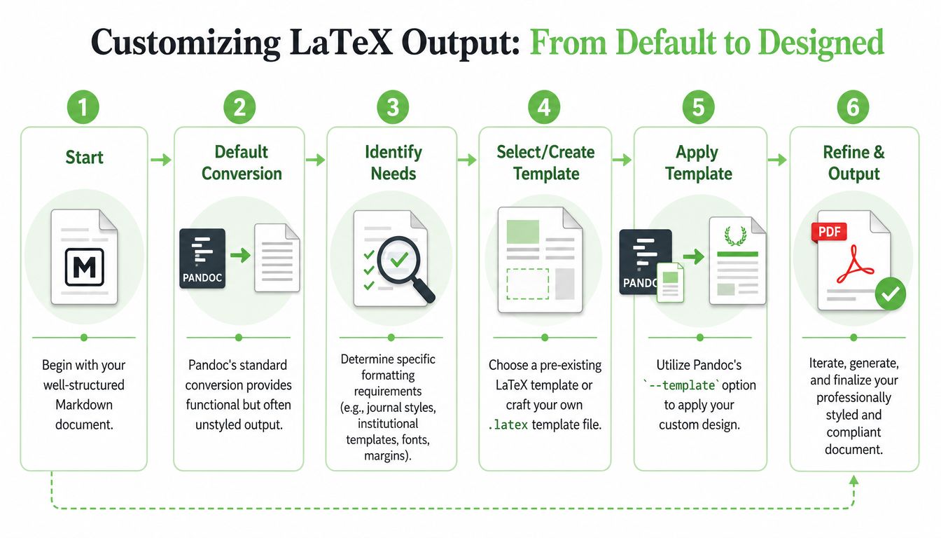A six-step infographic illustrating the workflow process of converting Markdown documents into customized professional LaTeX output.