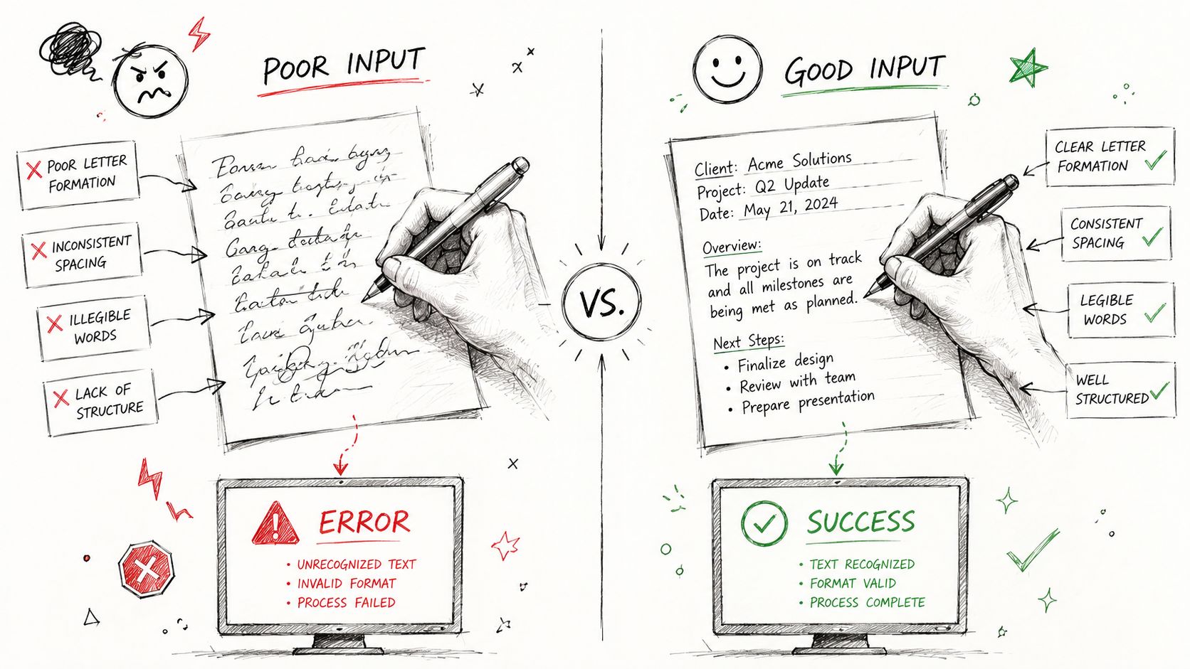 A diagram comparing messy handwritten notes to organized text, illustrating the importance of clear handwriting for OCR.