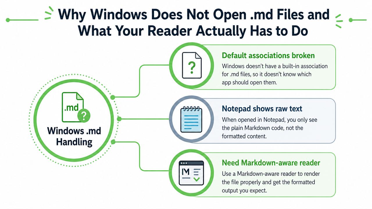 An infographic explaining why Windows does not natively open .md files and recommending Markdown-aware readers.