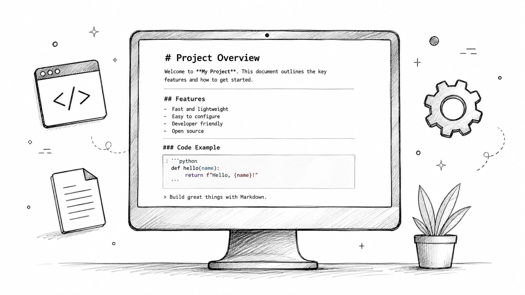 A hand-drawn illustration showing a computer monitor displaying Markdown project documentation with code snippets and features.