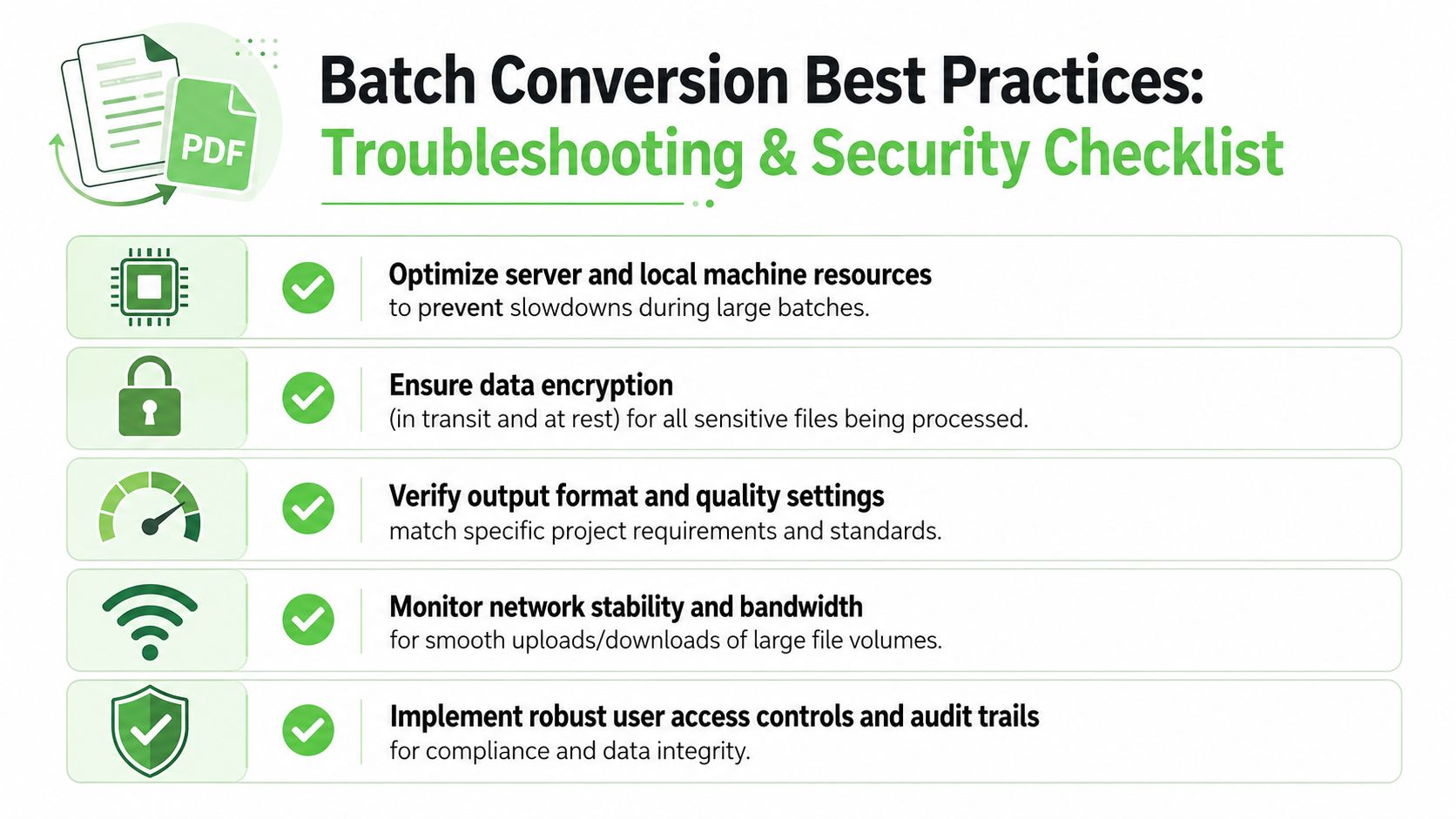 A checklist infographic outlining best practices for troubleshooting and security during batch PDF conversion processes.
