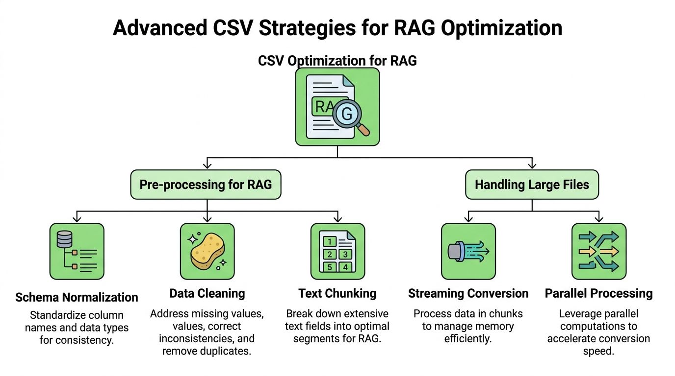 A flowchart detailing advanced strategies for optimizing CSV files for RAG applications, including pre-processing and large file handling.