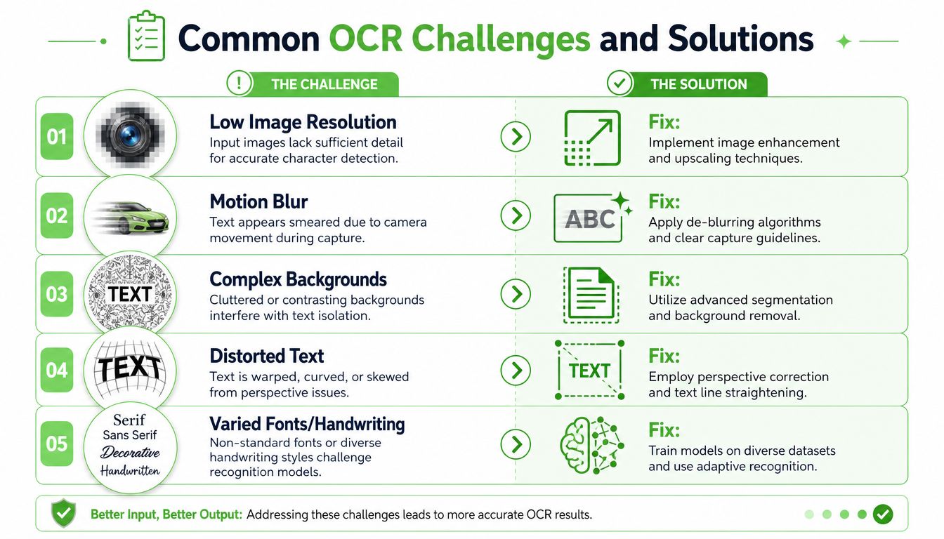A table outlining five common OCR challenges like low resolution and blur with their corresponding technical solutions.