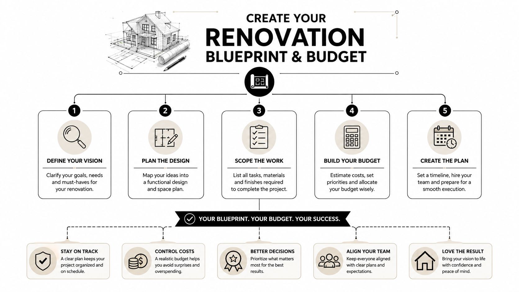 A five-step guide flowchart for planning a home renovation project and managing a construction budget efficiently.