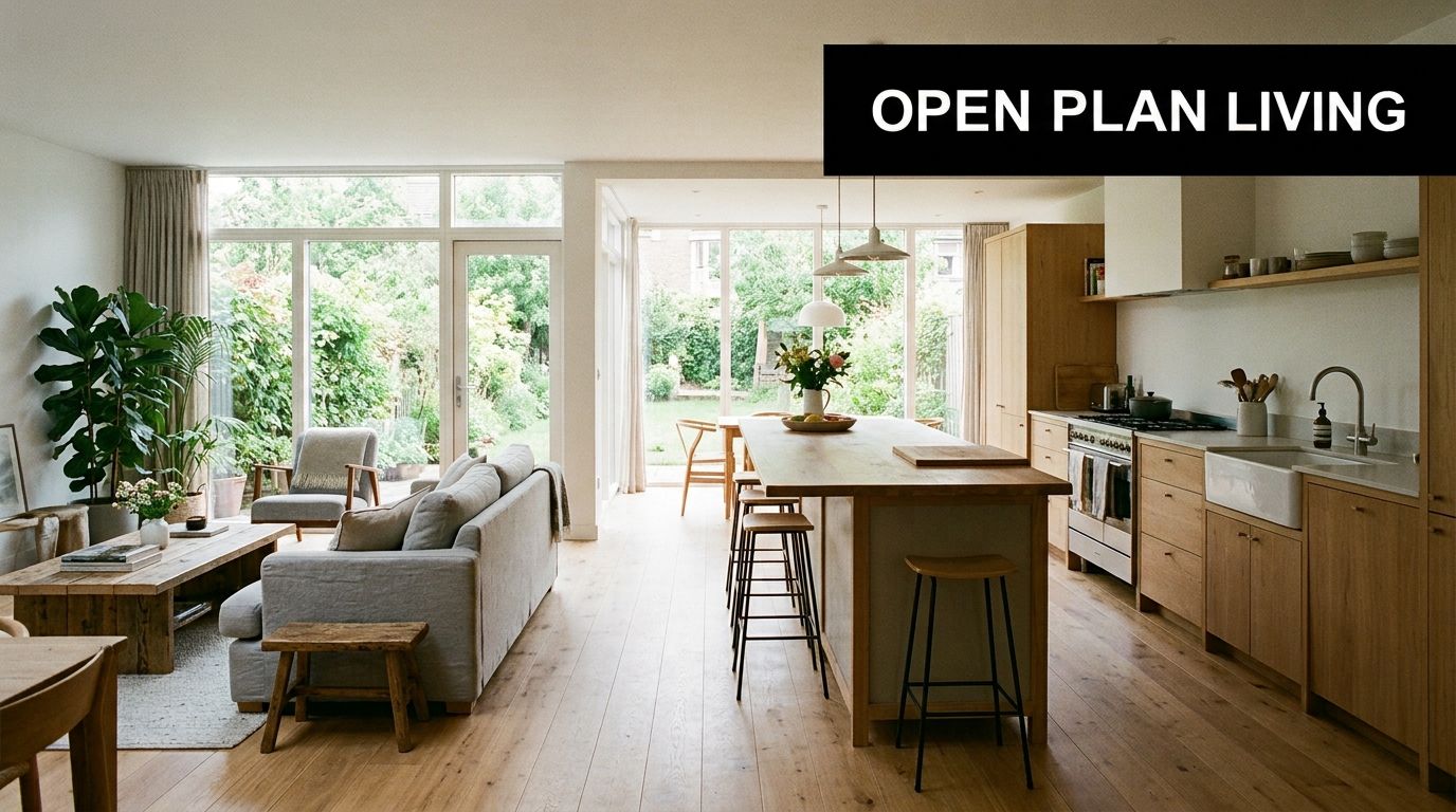 A bright, airy open-plan kitchen and living room featuring light wood cabinetry, modern furniture, and floor-to-ceiling windows.