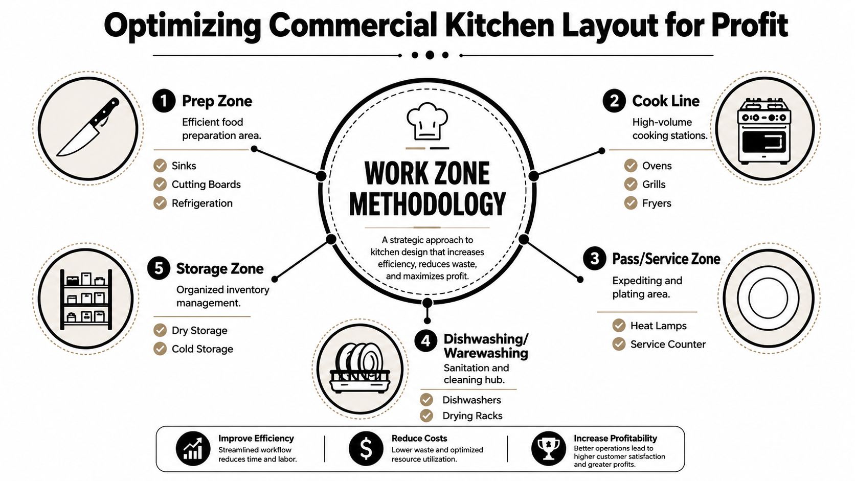 An infographic detailing five key work zones in a commercial kitchen to maximize efficiency and profitability.