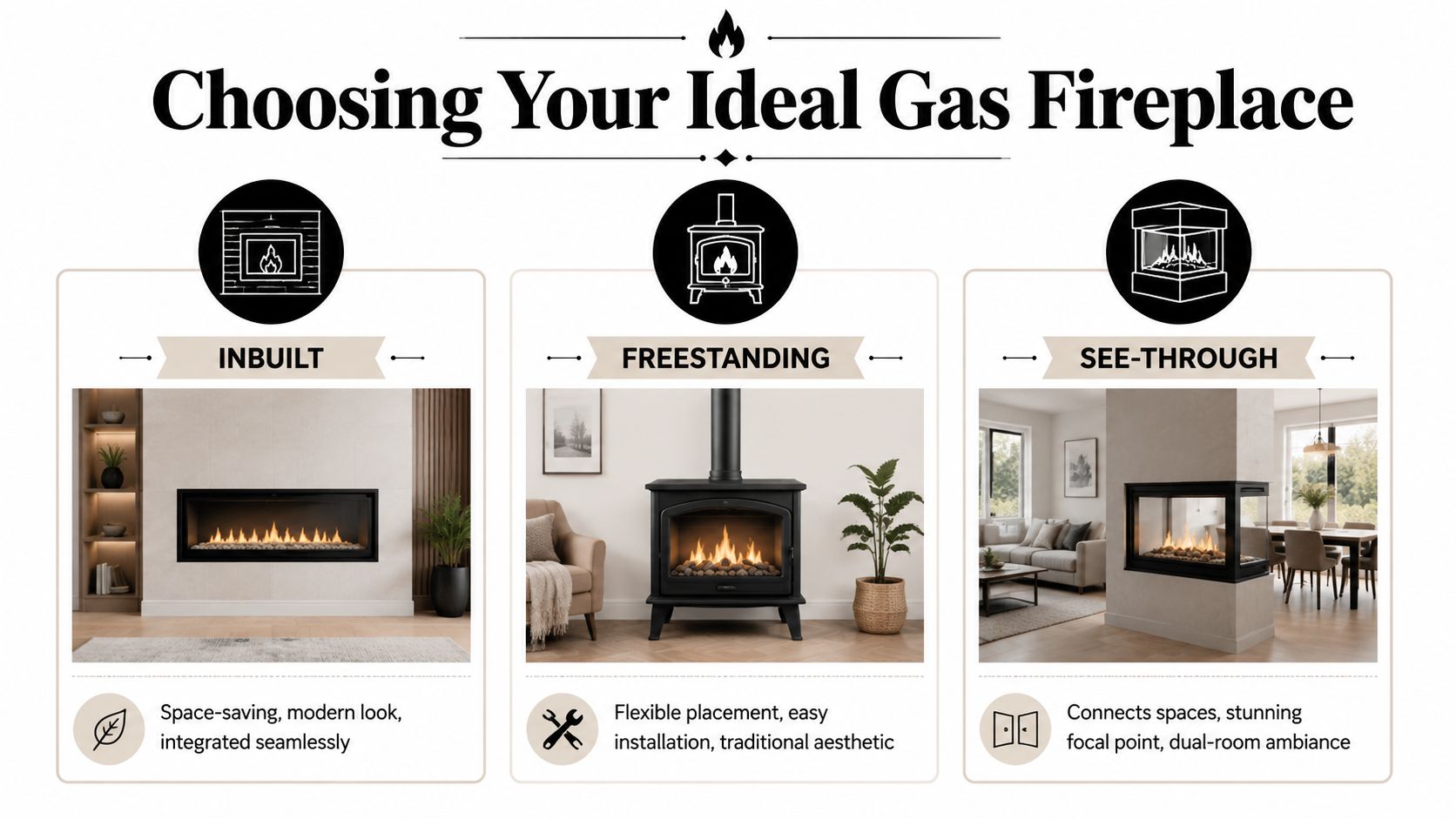 An infographic showing three types of gas fireplaces: inbuilt, freestanding, and see-through with descriptive benefits.