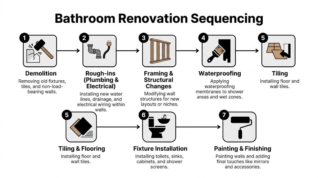 A diagram illustrating the seven-step sequential process for a successful bathroom renovation project from demolition to finishing.