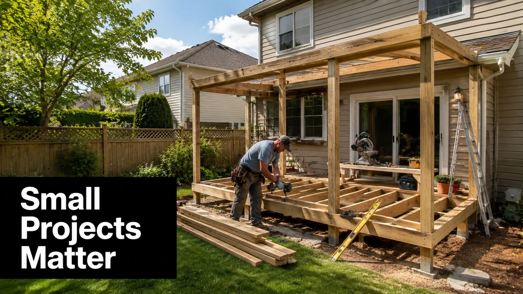A construction worker installing wooden joists on a deck frame attached to the back of a house.