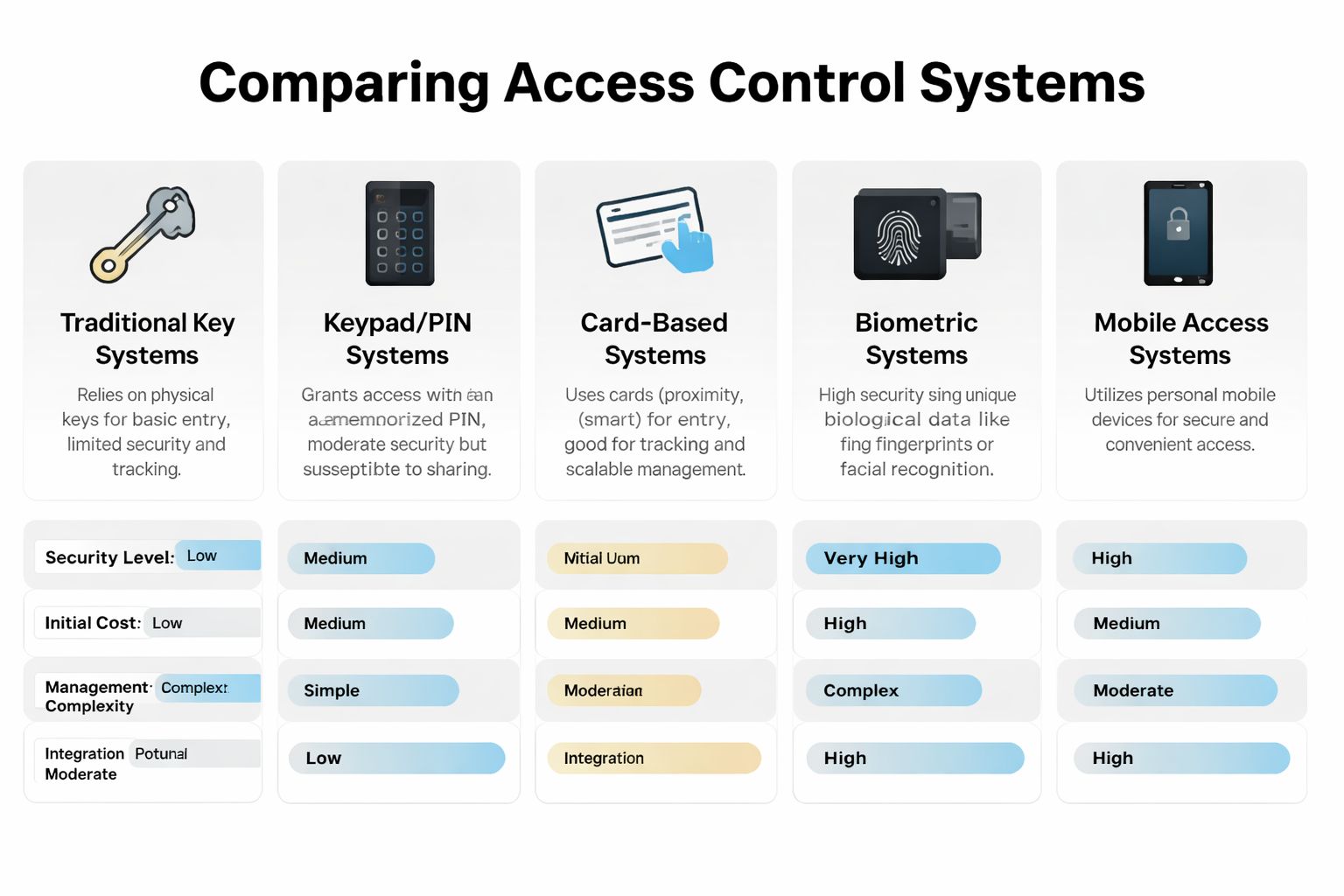 A comparison chart outlining the features, security levels, costs, and management complexity of various access control systems.