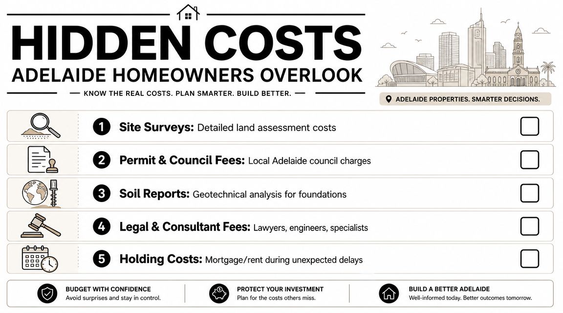 An infographic detailing five hidden costs for Adelaide homeowners, including surveys, permits, soil reports, fees, and holding costs.