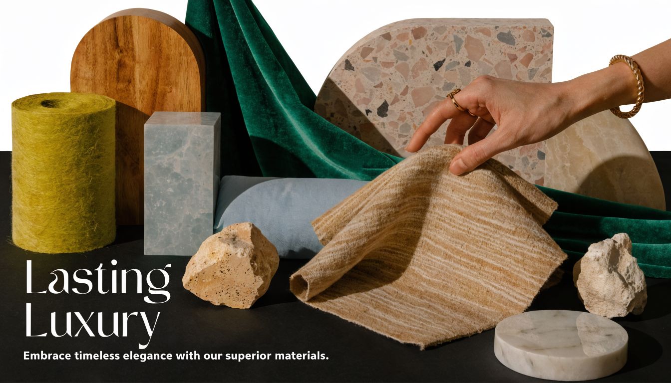 A curated collection of luxury interior materials including velvet, stone, wood, and marble on a dark surface.
