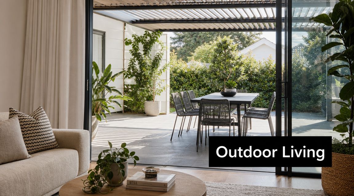 A modern living room opening to a covered outdoor patio with a dining set and lush plants.