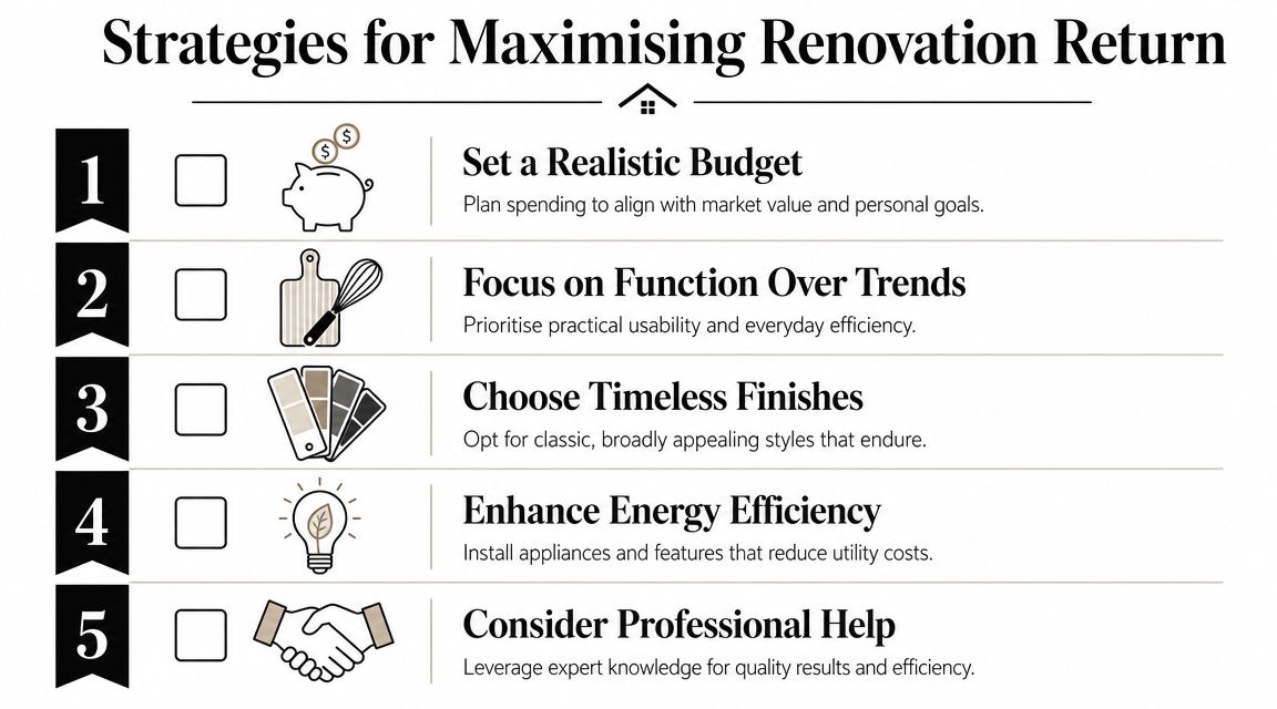 A list of five strategic tips for maximizing the return on investment for home renovation projects.