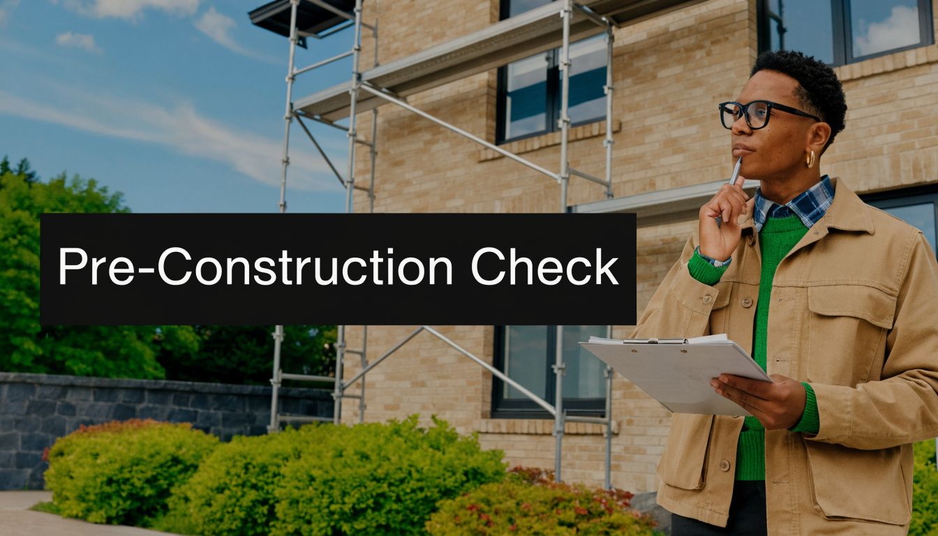 A professional construction inspector holding a clipboard and pen in front of a building under renovation.