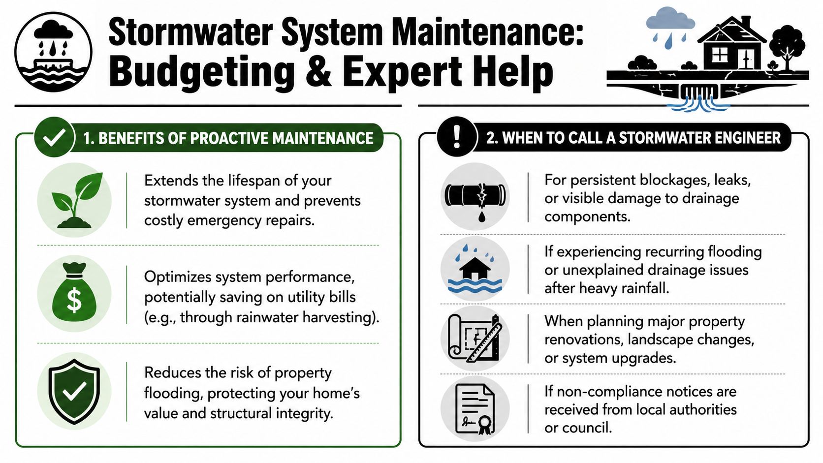An infographic titled Stormwater System Maintenance detailing the benefits of proactive maintenance and when to hire experts.