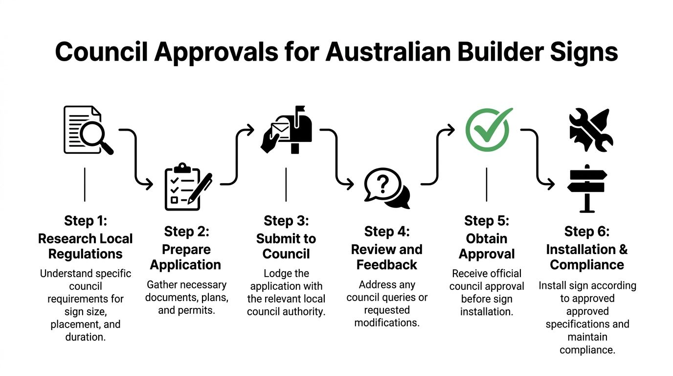 A six-step infographic illustrating the process for obtaining council approvals for builder signs in Australia.