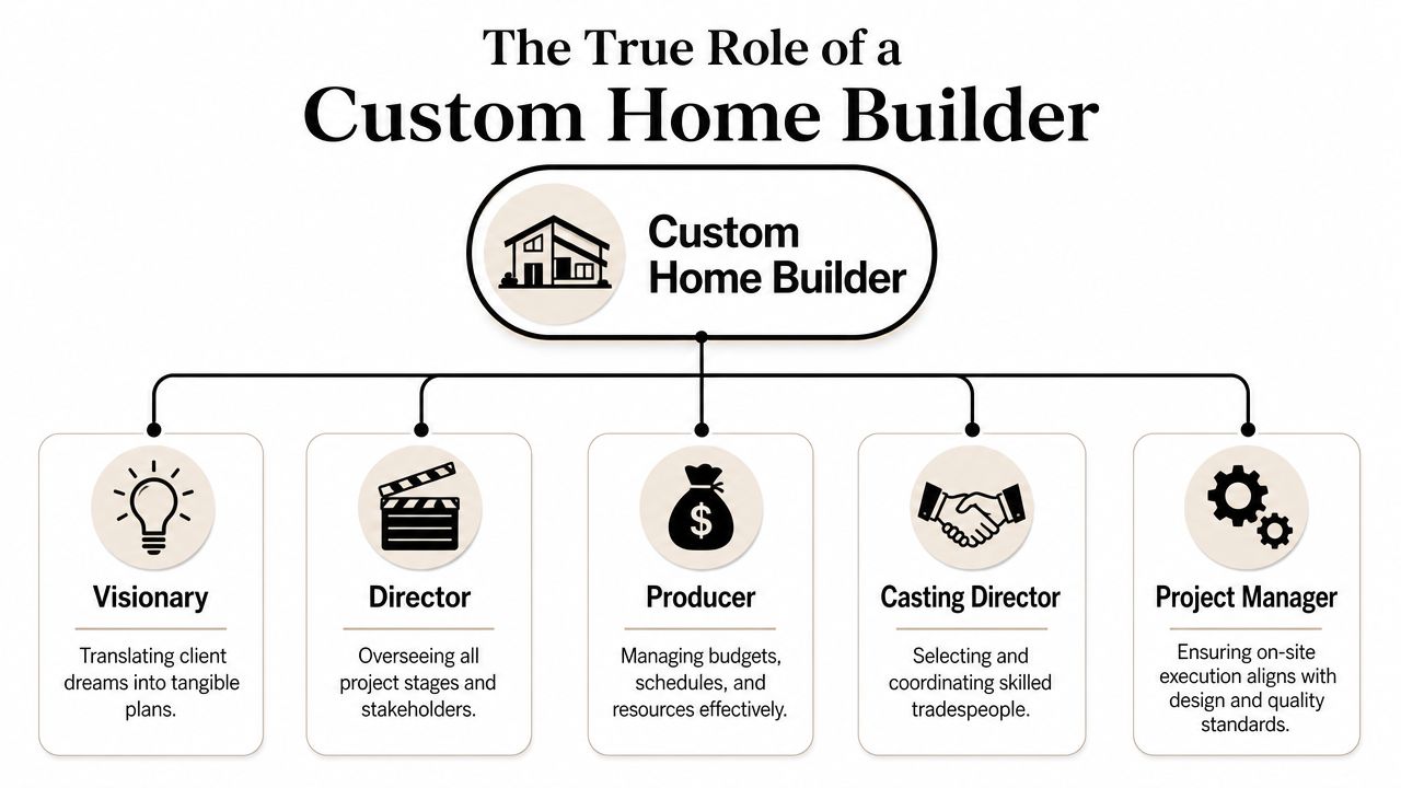 A diagram explaining the five key roles of a custom home builder in managing house construction projects.