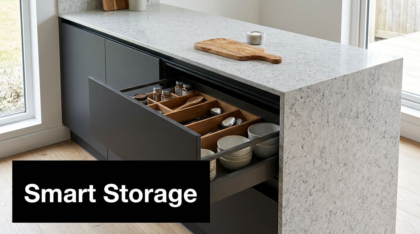 A sleek dark grey kitchen island features an open drawer with wooden organizers for cutlery and bowls.