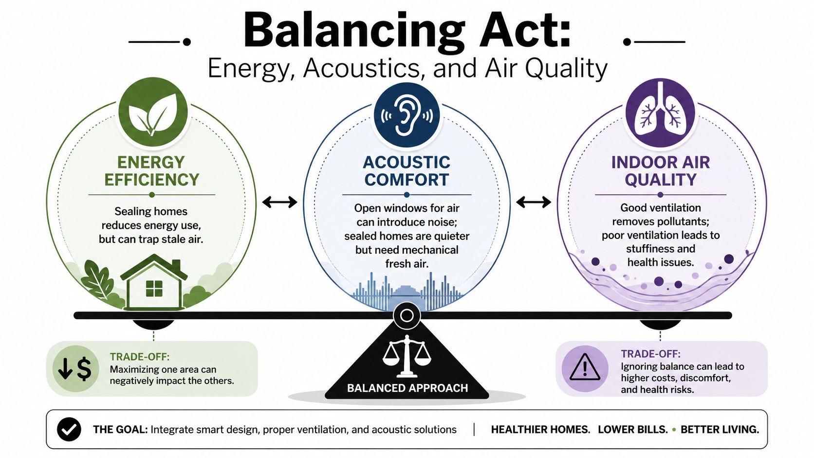 A diagram explaining the trade-offs between home energy efficiency, acoustic comfort, and indoor air quality.