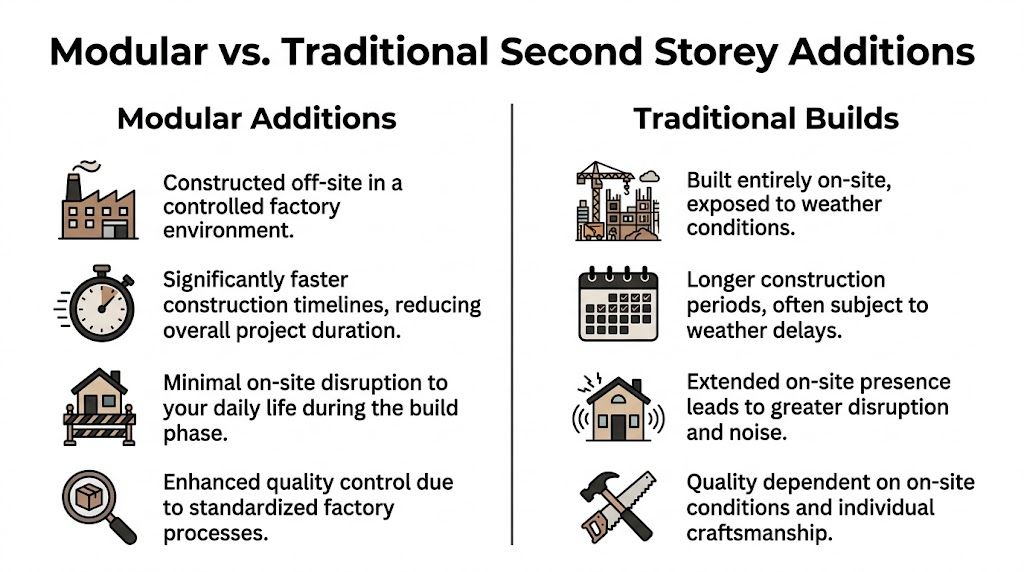 A comparison chart showing the differences between modular additions and traditional builds for home construction projects.