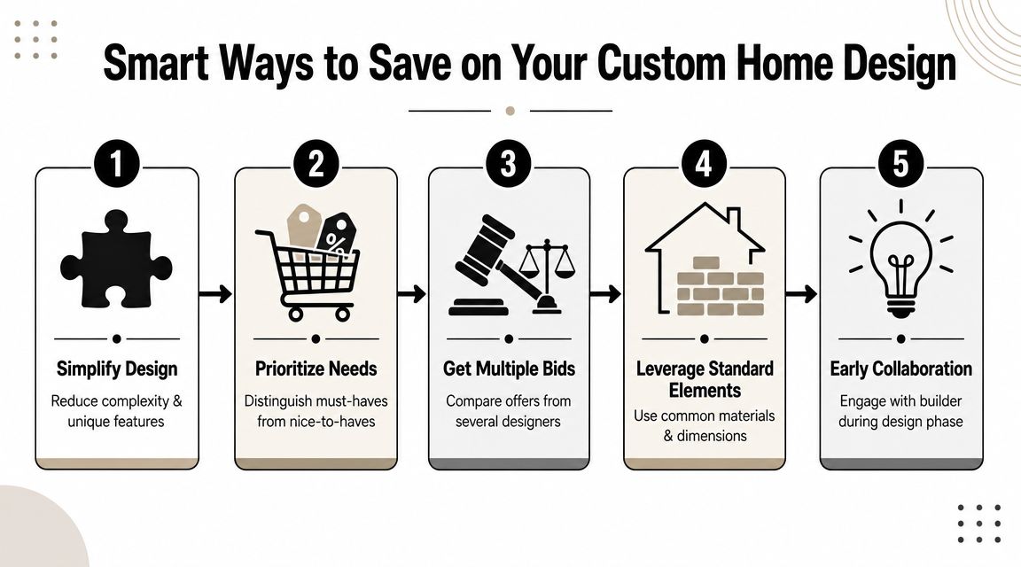 A five-step infographic guide on smart strategies to reduce the overall costs of a custom home design.