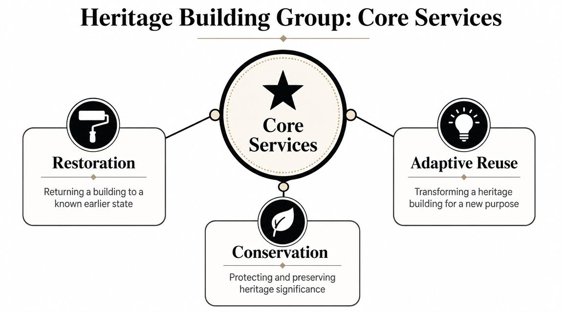 A diagram outlining the core services of the Heritage Building Group: restoration, adaptive reuse, and conservation.