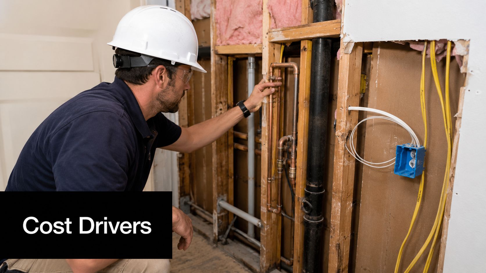 A professional contractor examining exposed copper pipes and electrical wiring inside a home renovation wall.