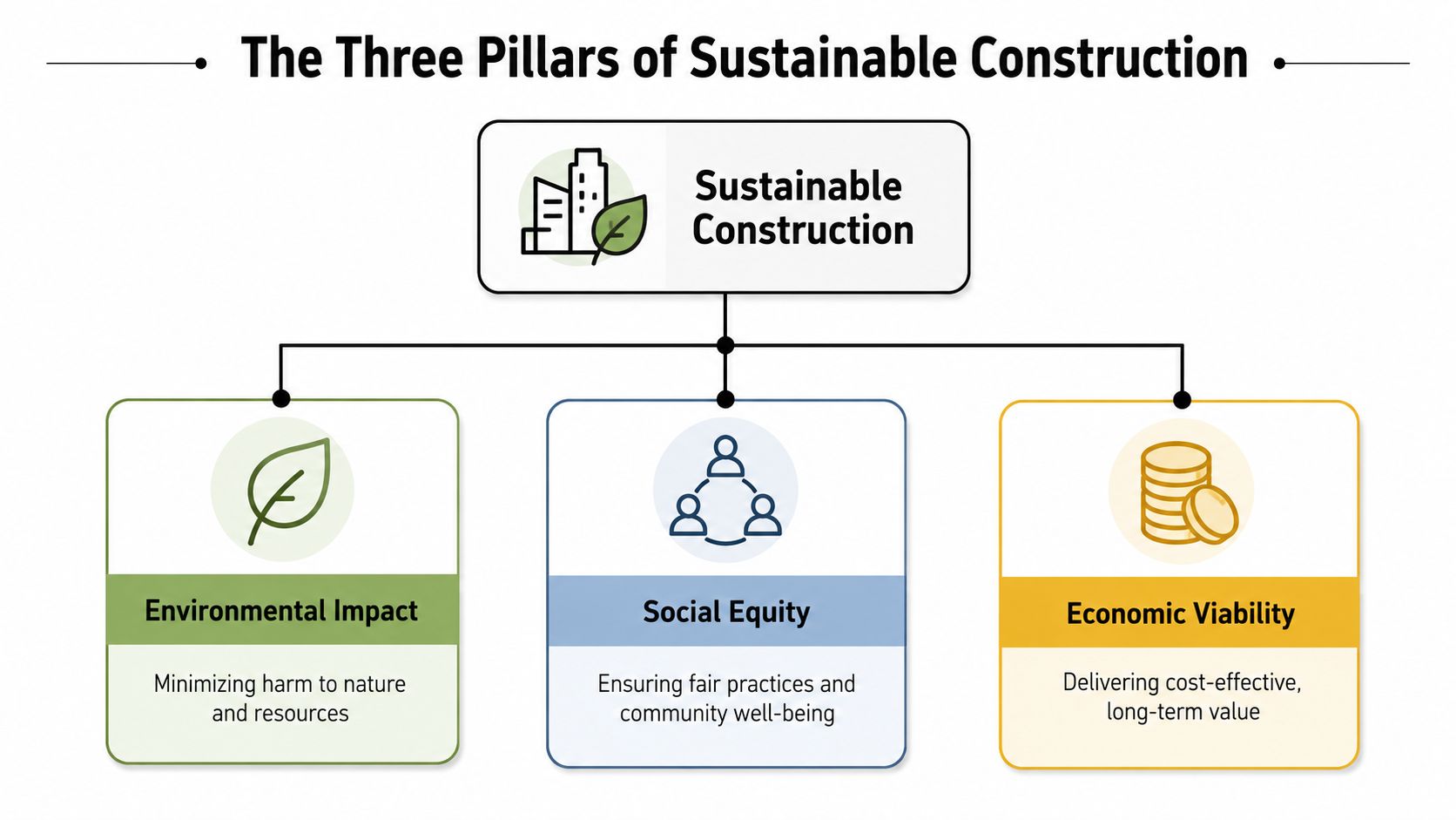 A diagram illustrating the three pillars of sustainable construction: environmental impact, social equity, and economic viability.