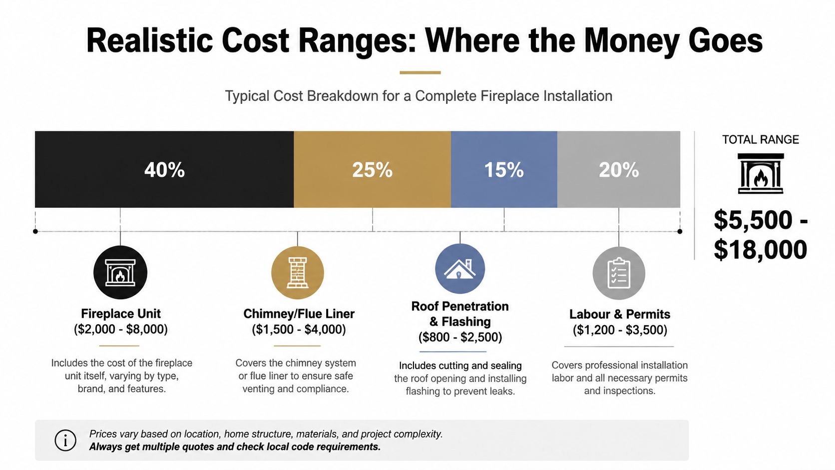 An infographic showing the cost breakdown for a complete fireplace installation ranging from $5,500 to $18,000.