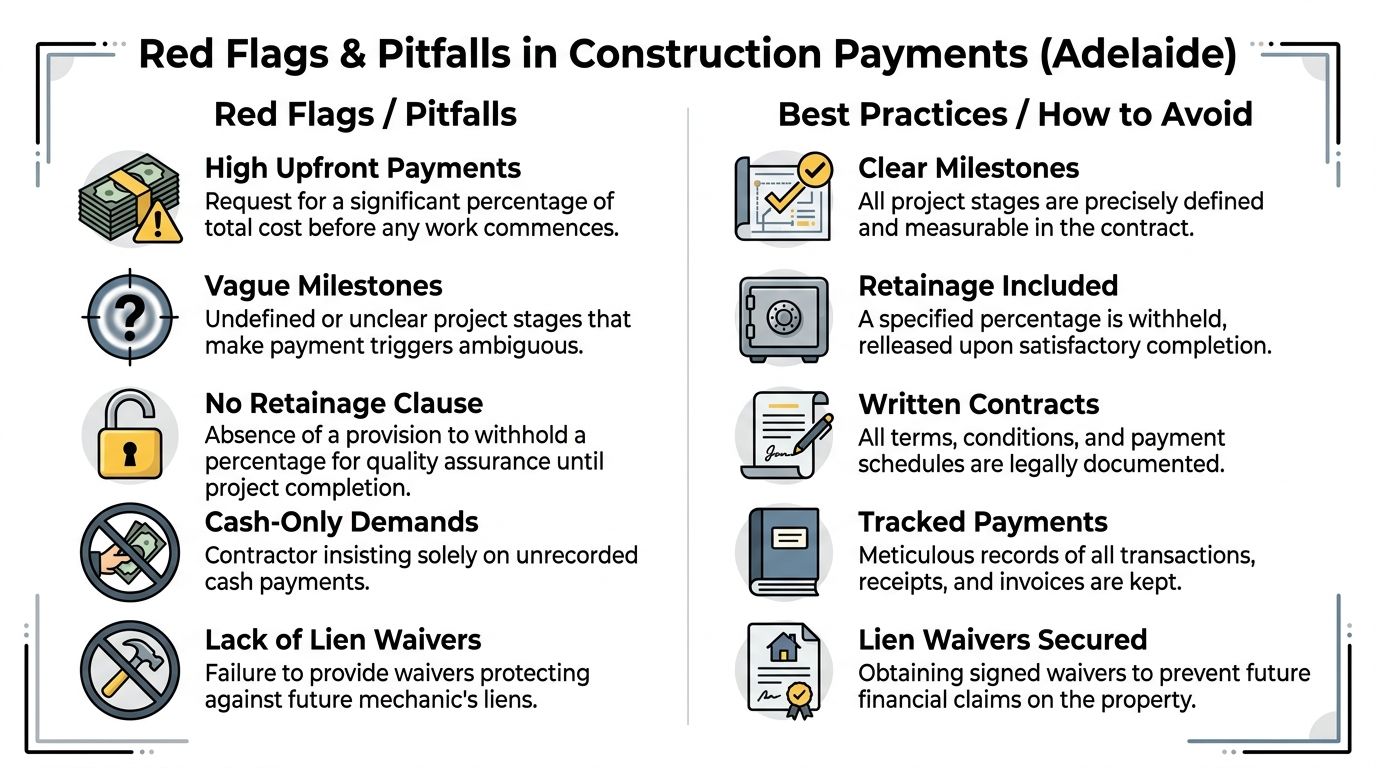 A visual guide listing red flags and best practices for construction payment processes in Adelaide.