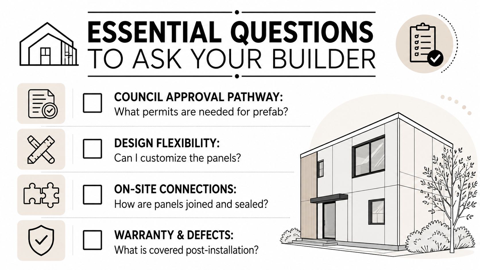 A graphic illustration detailing essential questions to ask a builder about choosing panelized construction for homes.
