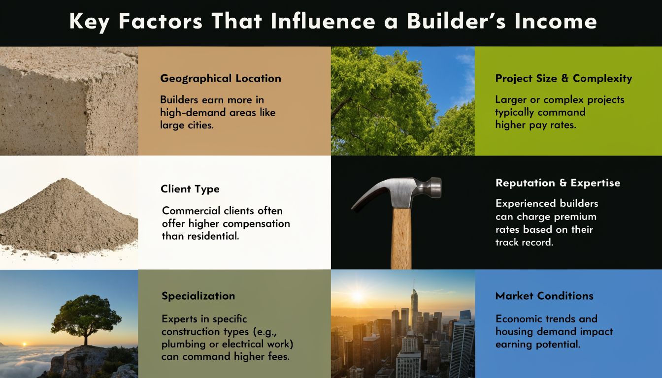 An infographic detailing six key factors influencing a builder's income including location, specialization, and market conditions.