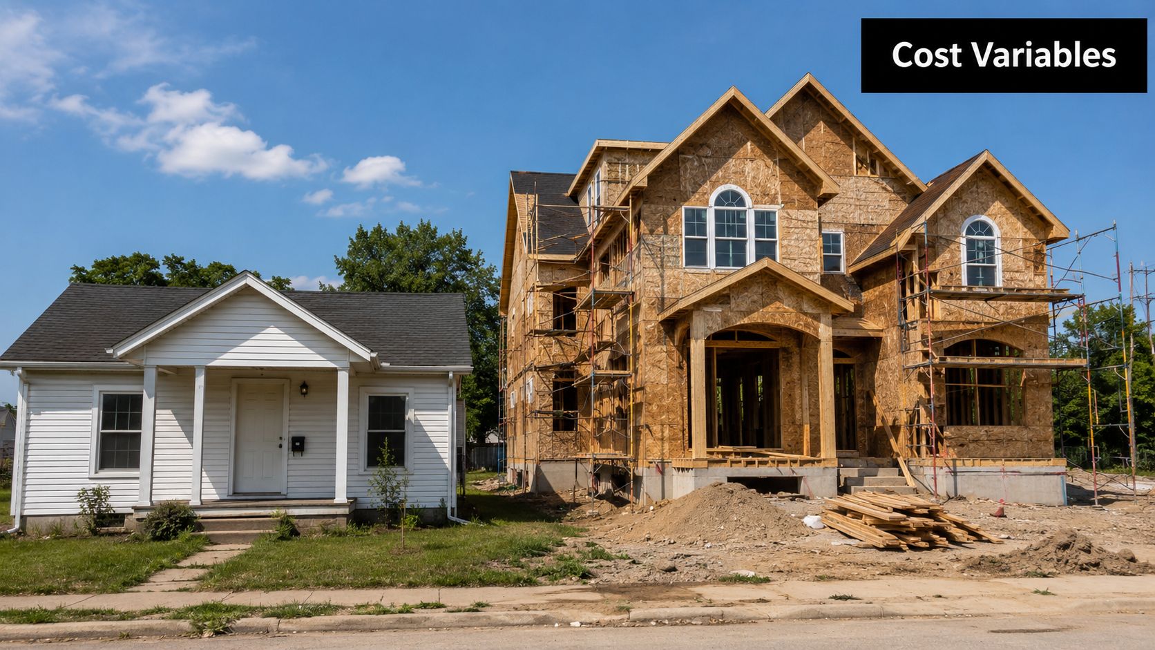 A contrast between an old small white house and a large new house under construction.