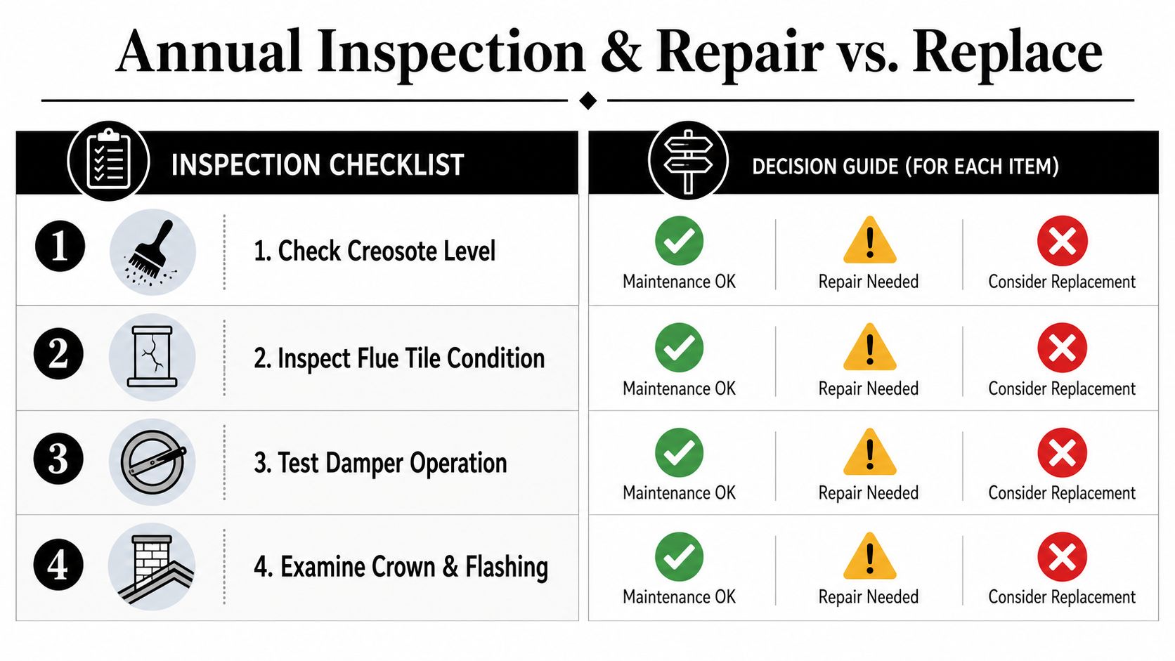 An annual inspection and repair vs. replace checklist for fireplace and chimney maintenance procedures.
