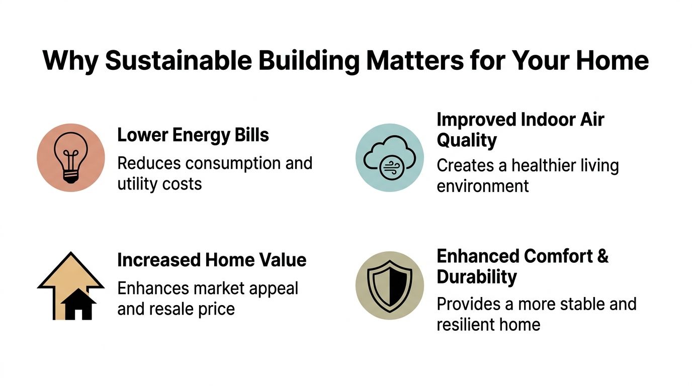 A graphic showing four benefits of sustainable building including lower energy bills, air quality, value, and comfort.