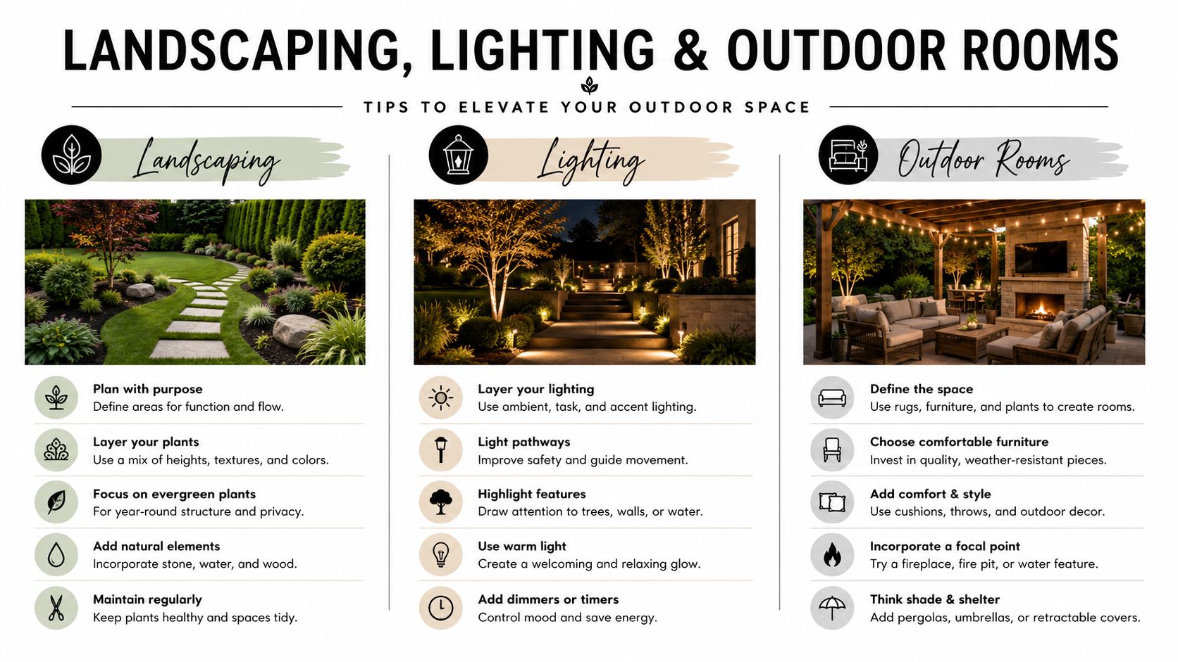 An infographic titled Landscaping, Lighting & Outdoor Rooms providing tips to elevate your outdoor living space.