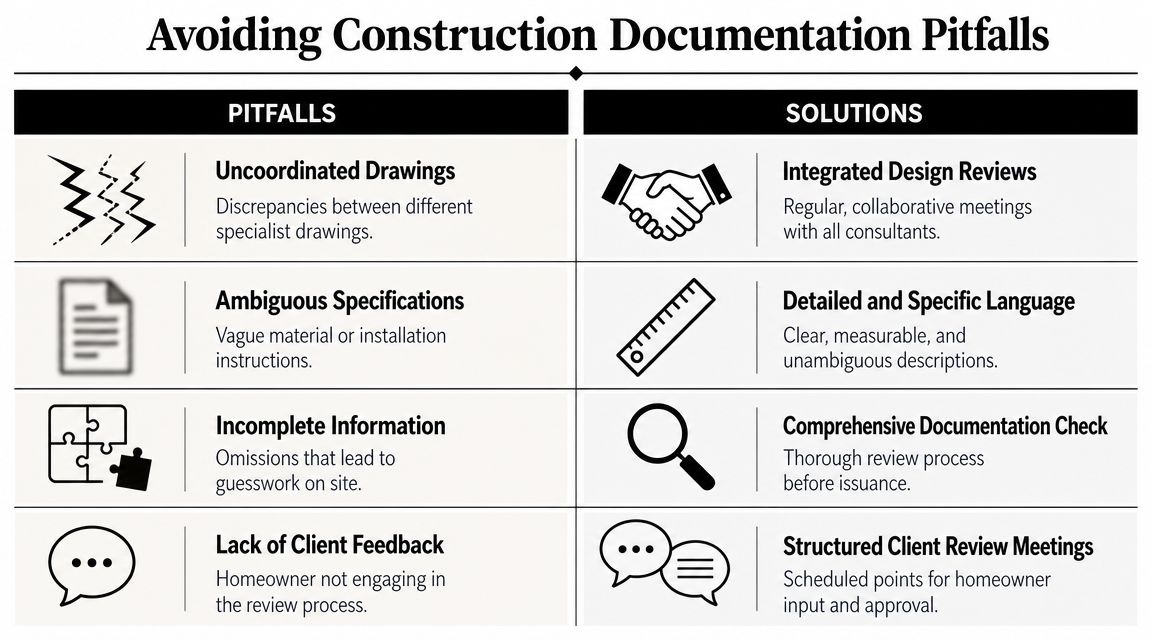 A chart showing four common construction documentation pitfalls and their corresponding professional solutions for project success.