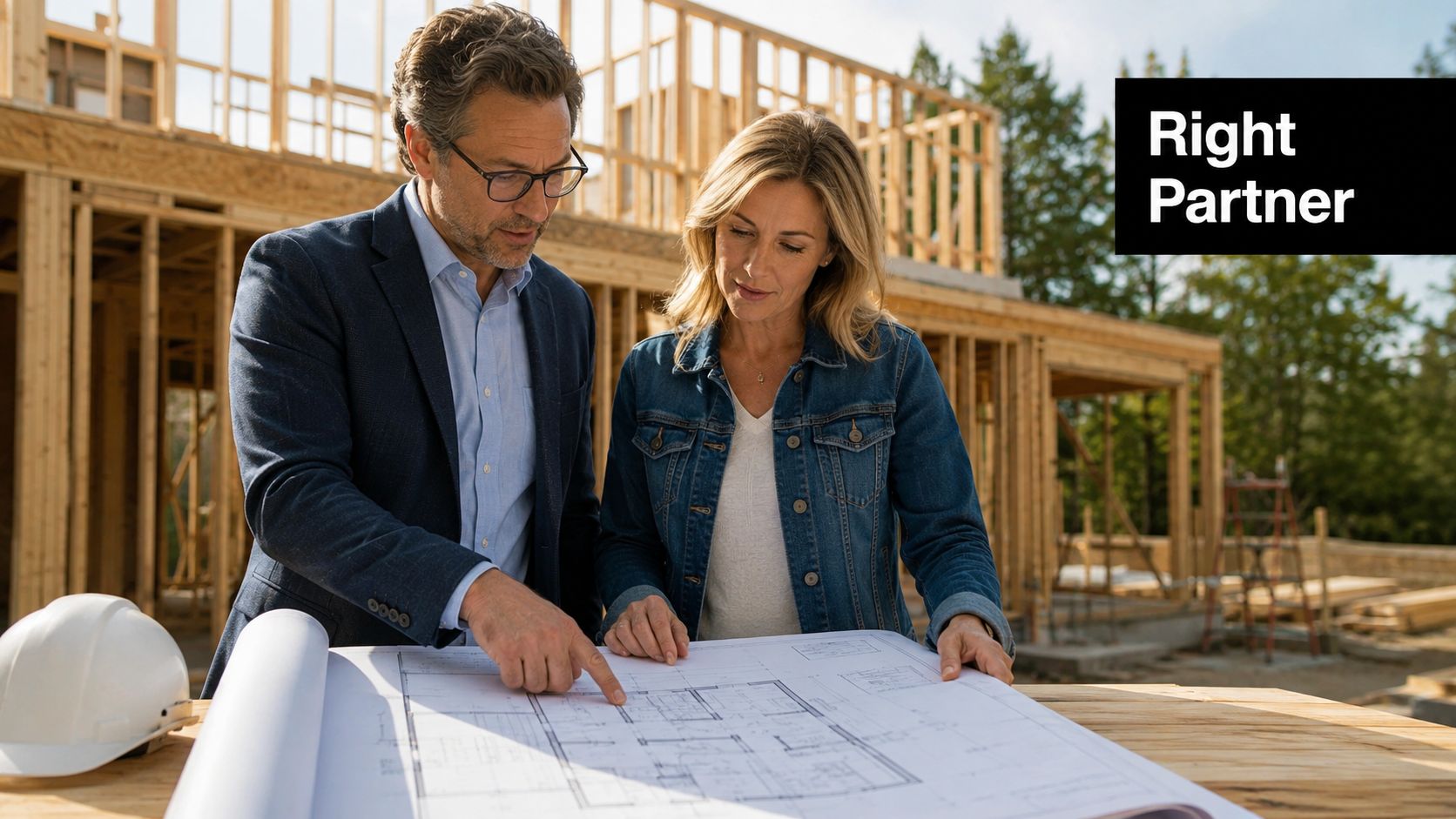 A professional builder and a client looking at architectural blueprints at a home construction site.