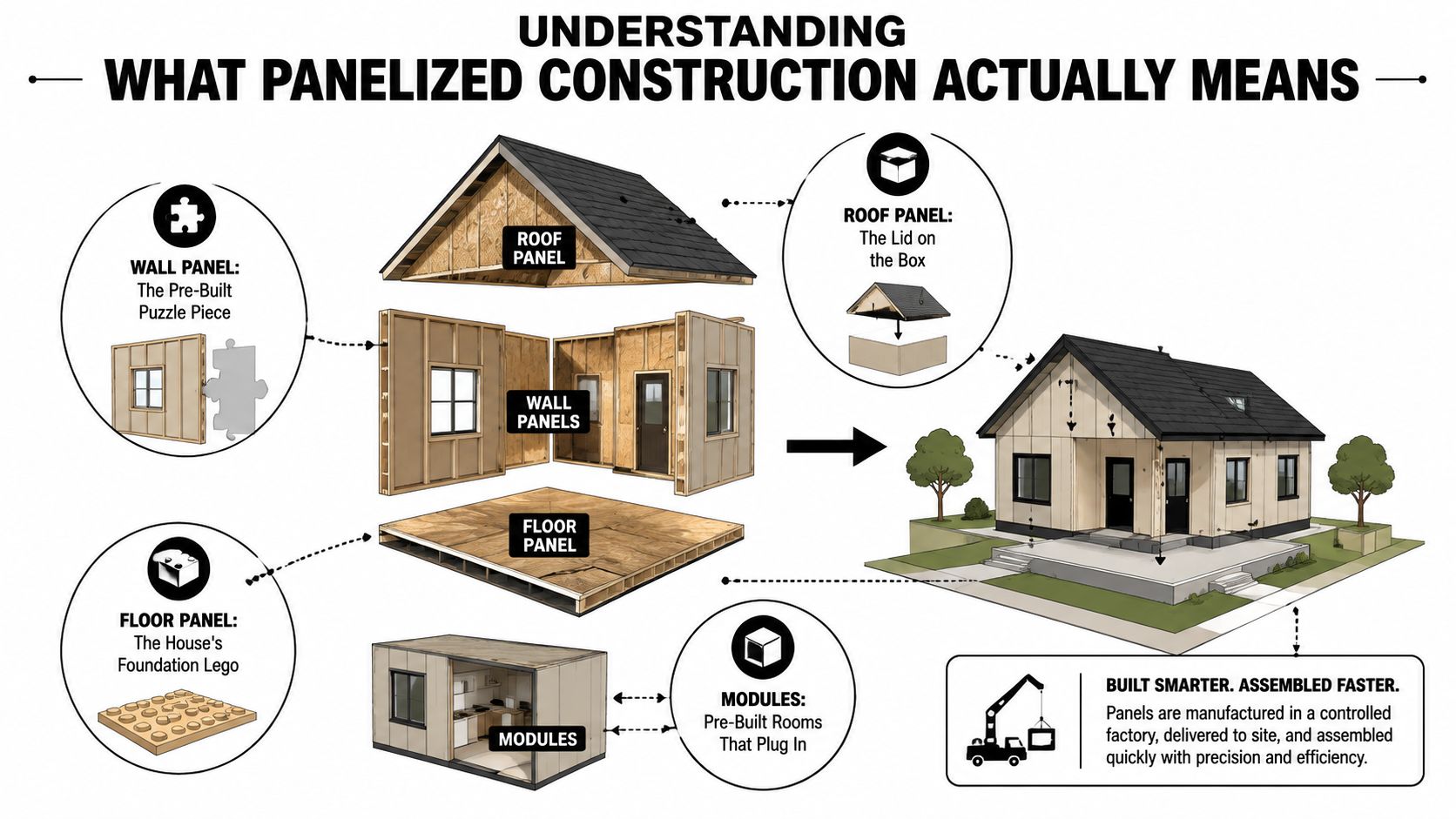 An infographic illustrating how panelized construction works with diagrams of roof panels, wall panels, and floor sections.
