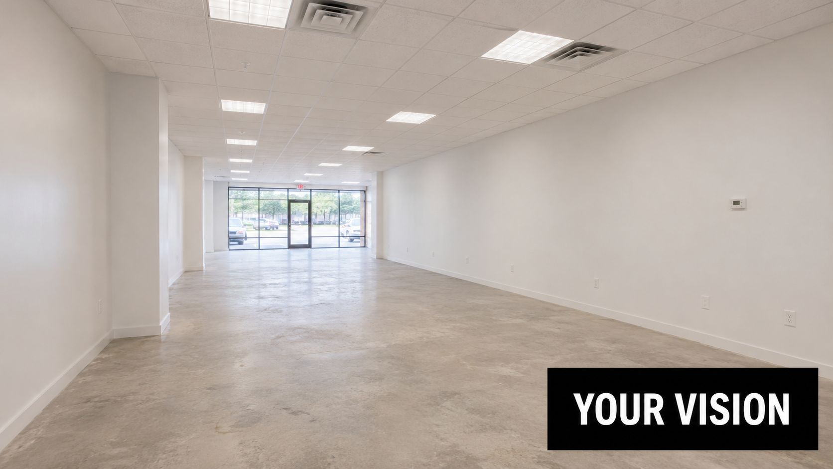 An empty retail space with white walls, polished concrete floors, and a glass storefront entrance.