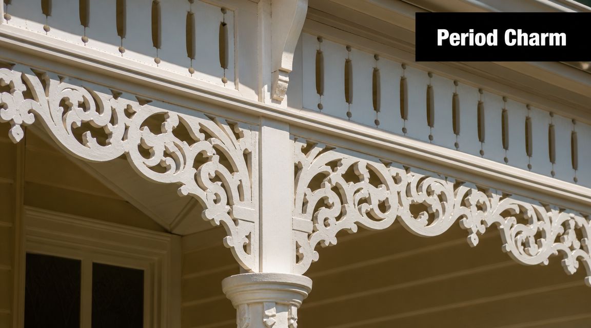 Ornate cream-colored wooden fretwork trim adorning the porch of a classic Federation-style home.