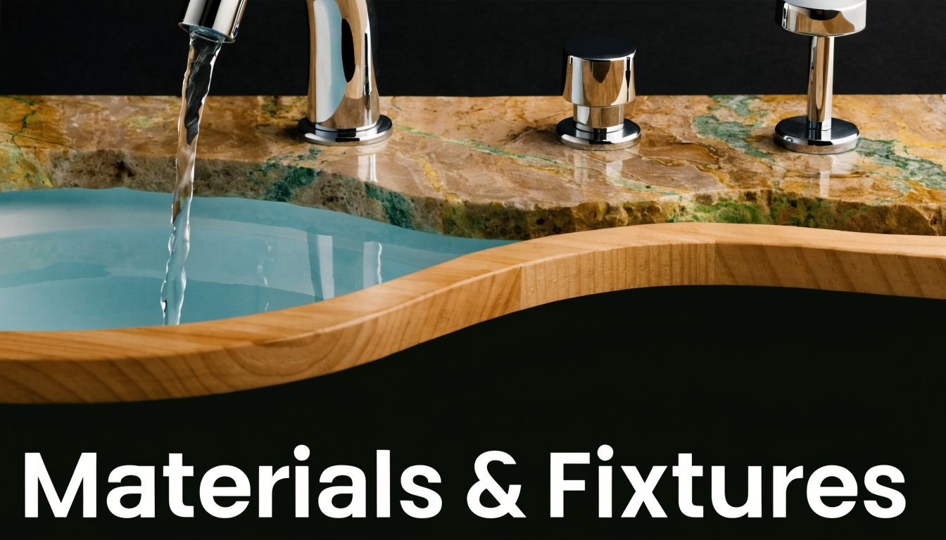 A close-up of a luxury bathroom sink made of wood and marble with chrome fixtures.