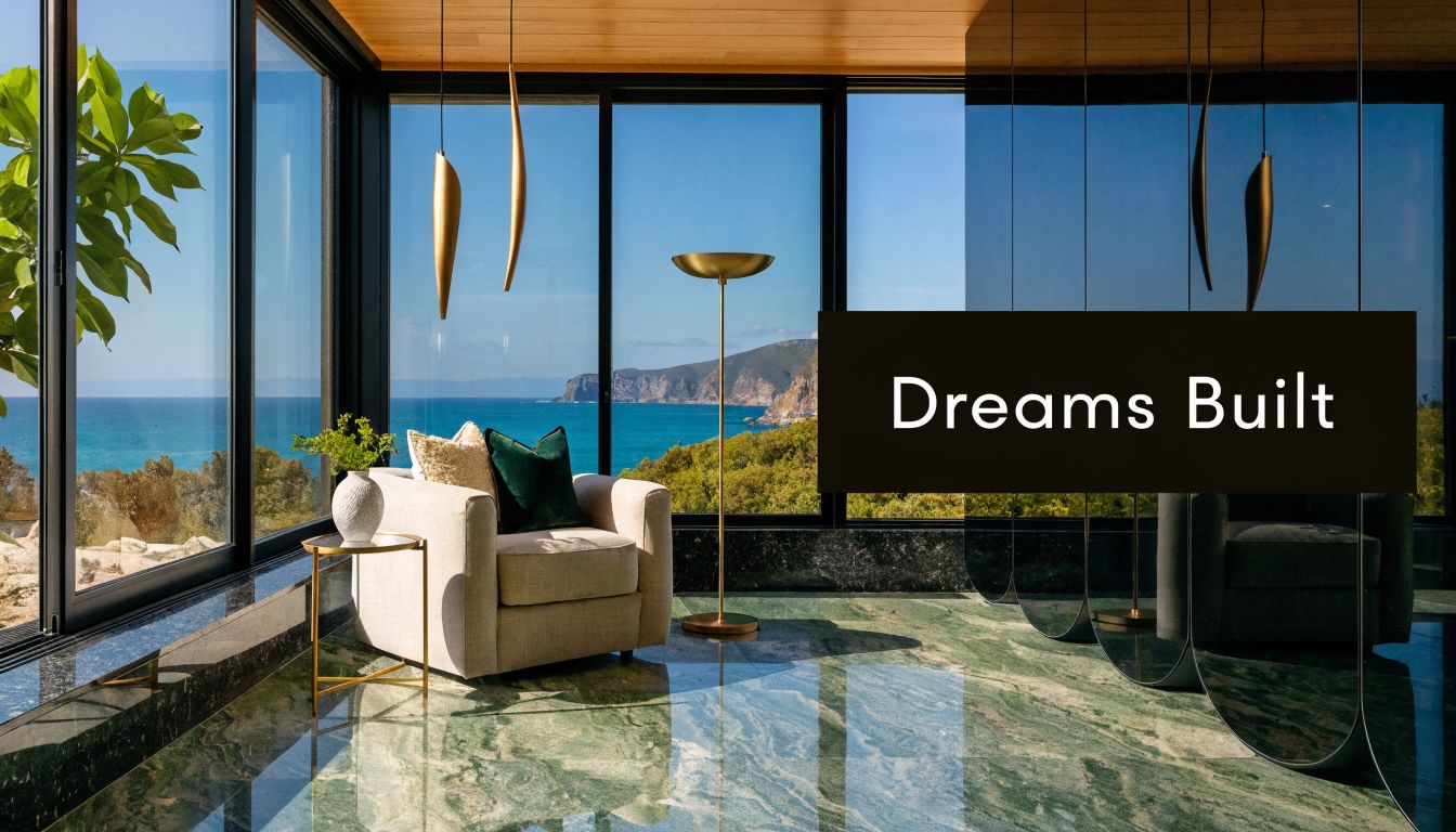 A luxurious modern armchair facing a breathtaking ocean view through large floor to ceiling glass windows.