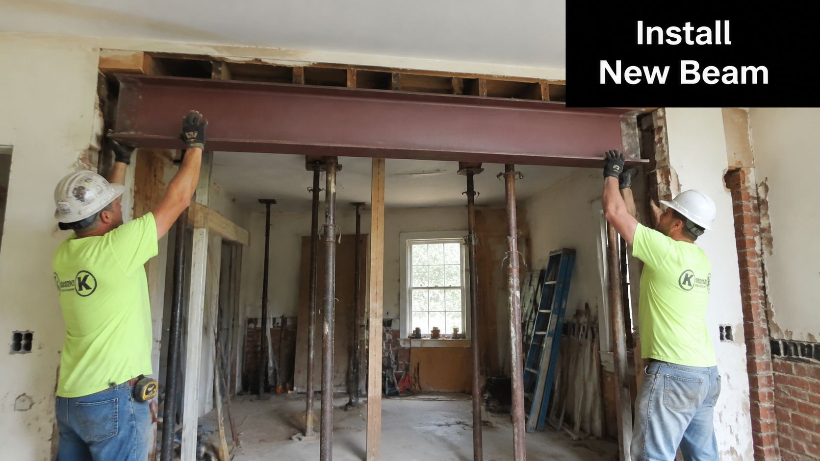 Two construction workers in bright yellow shirts and hard hats installing a steel beam for renovation.